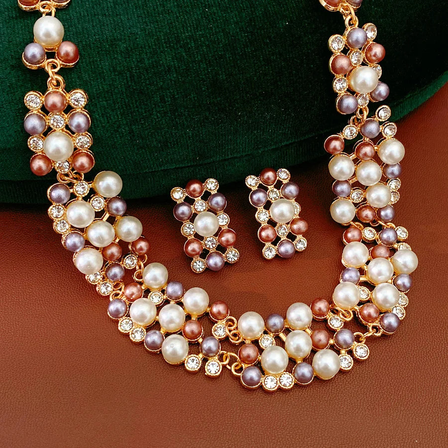 Vintage Pearl Rhinestone Choker Necklace and Earrings Set