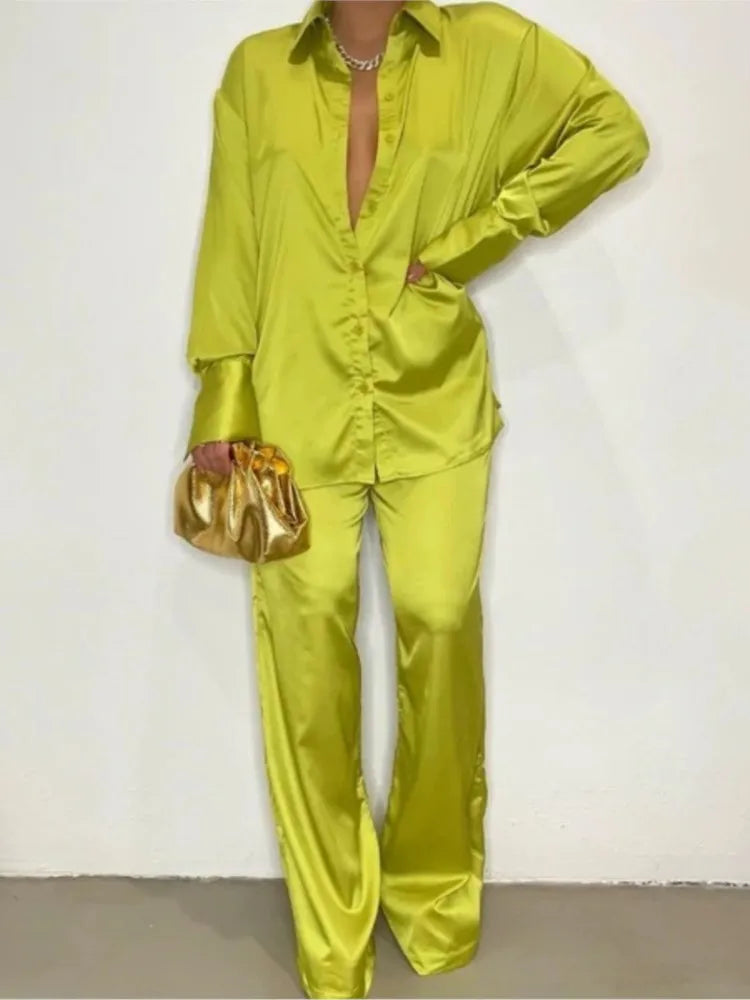 Elegant Satin Women's Long Sleeve Tracksuit And Wide Leg Pants