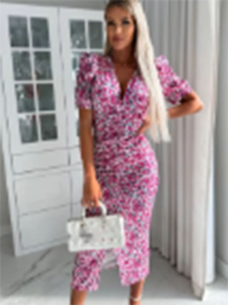 Sexy Summer Floral Print Deep V Neck Short Sleeve Bodycon Dress
