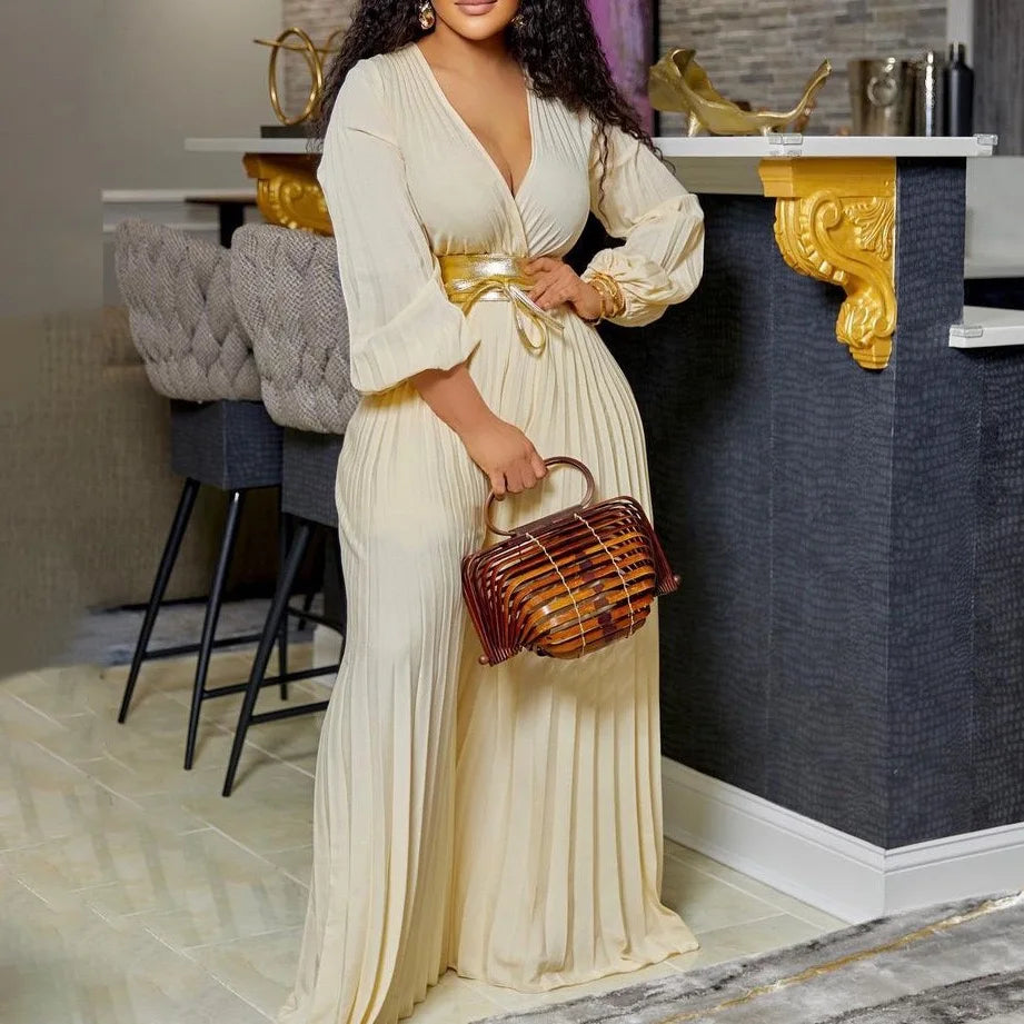 Elegant Pleated Full Sleeve V Neck High Waisted Jumpsuit