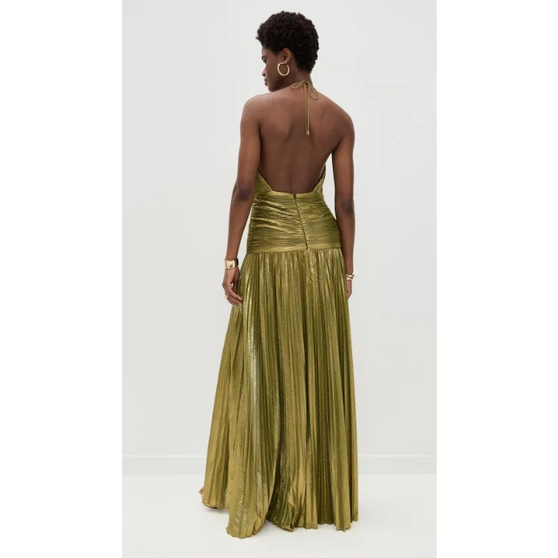 Metallic Gold Off Shoulder Backless Halter Long Dress w/ High Split