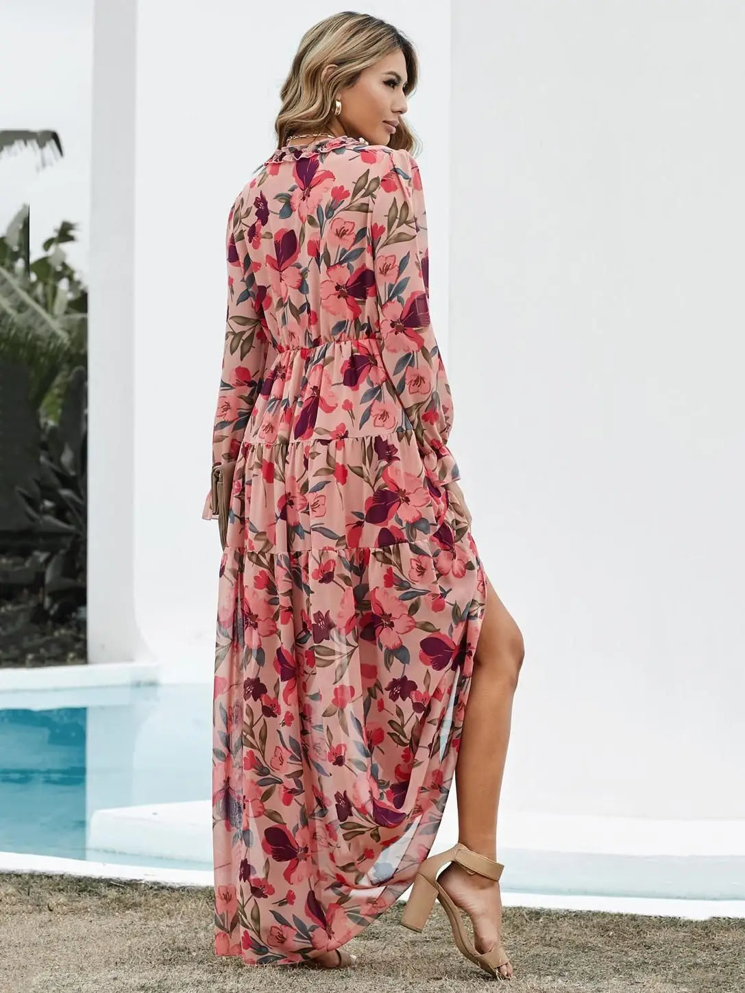 Elegant Floral Print Ruffle Layered Long Sleeved Chiffon A Line Long Maxi Dress