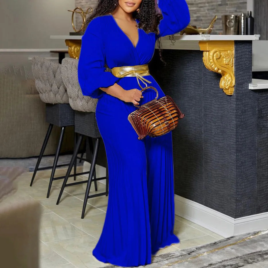 Elegant Pleated Full Sleeve V Neck High Waisted Jumpsuit