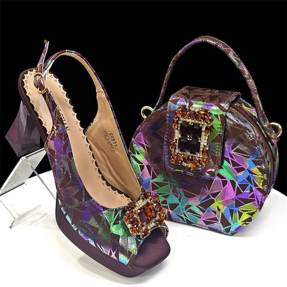 Elegant Women Peep Toe Designer Rhinestone Italian Shoes and Matching Bags