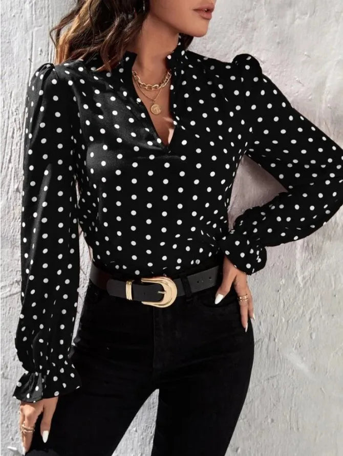 Women's Elegant Professional V-neck Polka Dot Long Sleeved Casual Chiffon Blouse