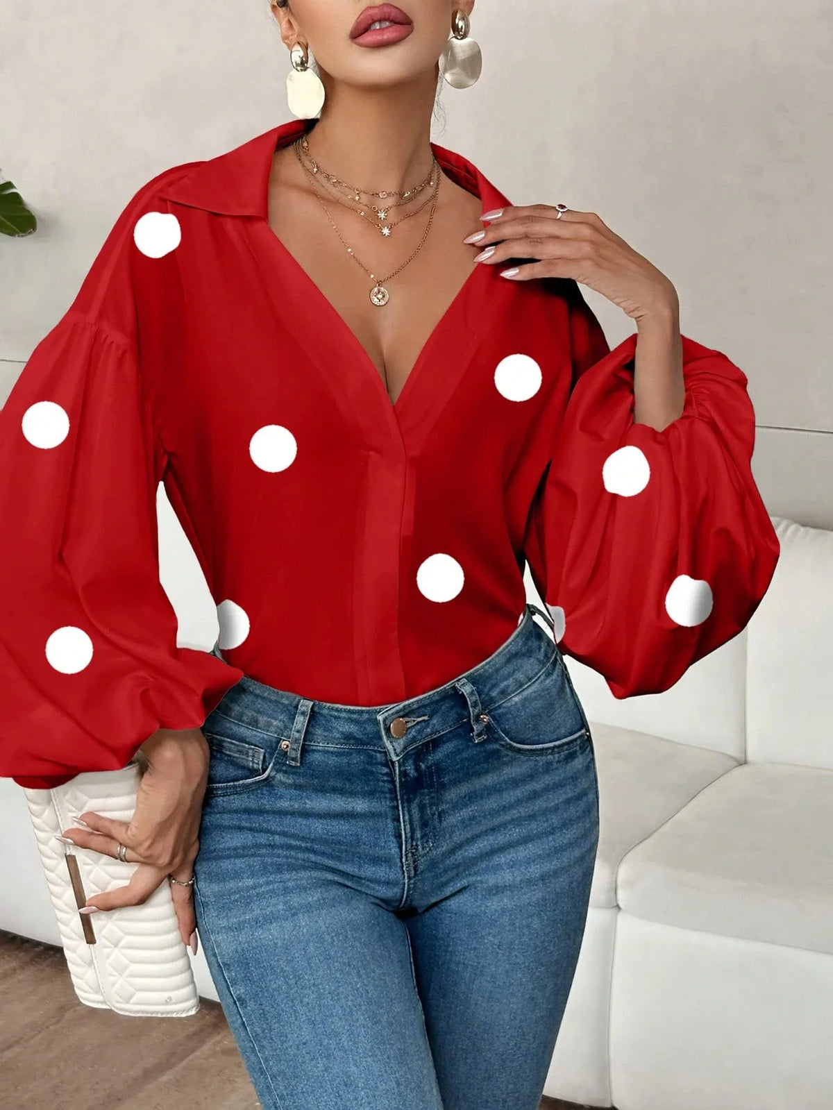 French Polka Dot Print Long Sleeve Casual V-Neck Oversized Blouse