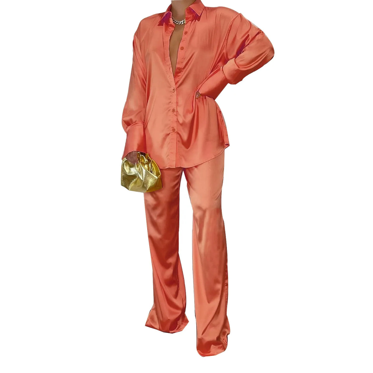 Elegant Satin Women's Long Sleeve Tracksuit And Wide Leg Pants