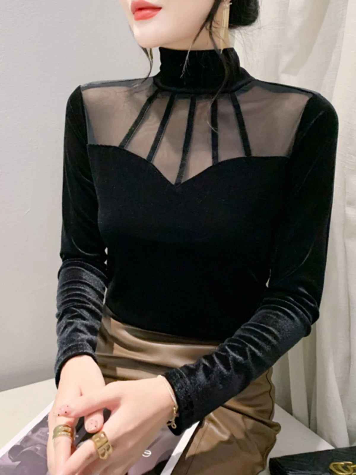 Velvet Mesh Slim T Designer Long Sleeve Turtleneck