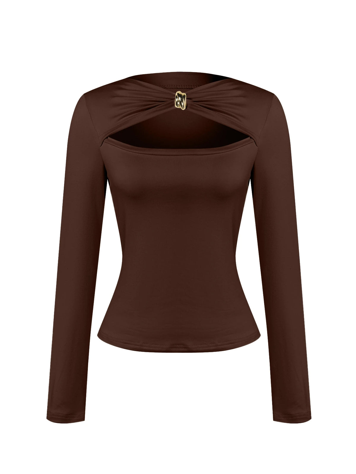 Women Twist Front Metal Ring Cutout Long Sleeve Solid Brown Slim Fitted Top