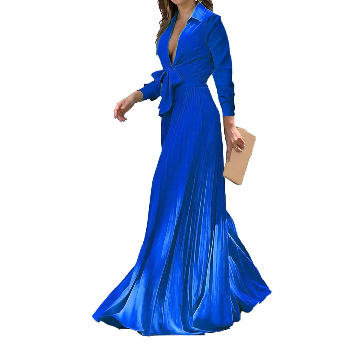 Women Elegant High Waist Long Sleeve Deep V Neck Bow Tie Collar Maxi Dress