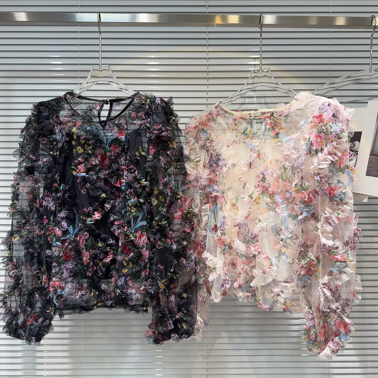 French Style Floral Pleated Mesh Chiffon Blouse