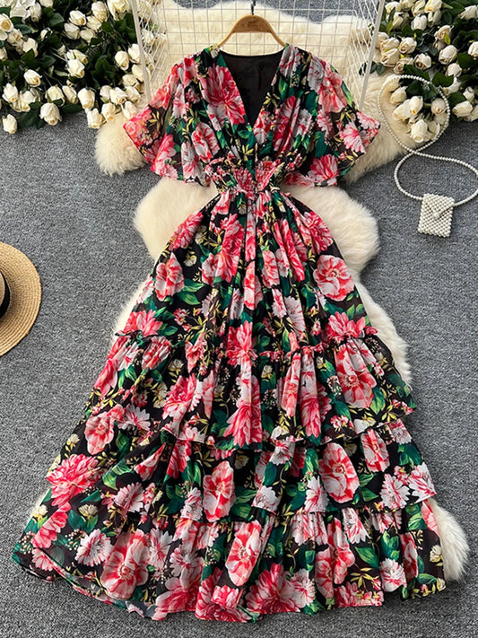 French Style Floral Retro V-neck Ruffle Sleeve High Waisted Chiffon Dress
