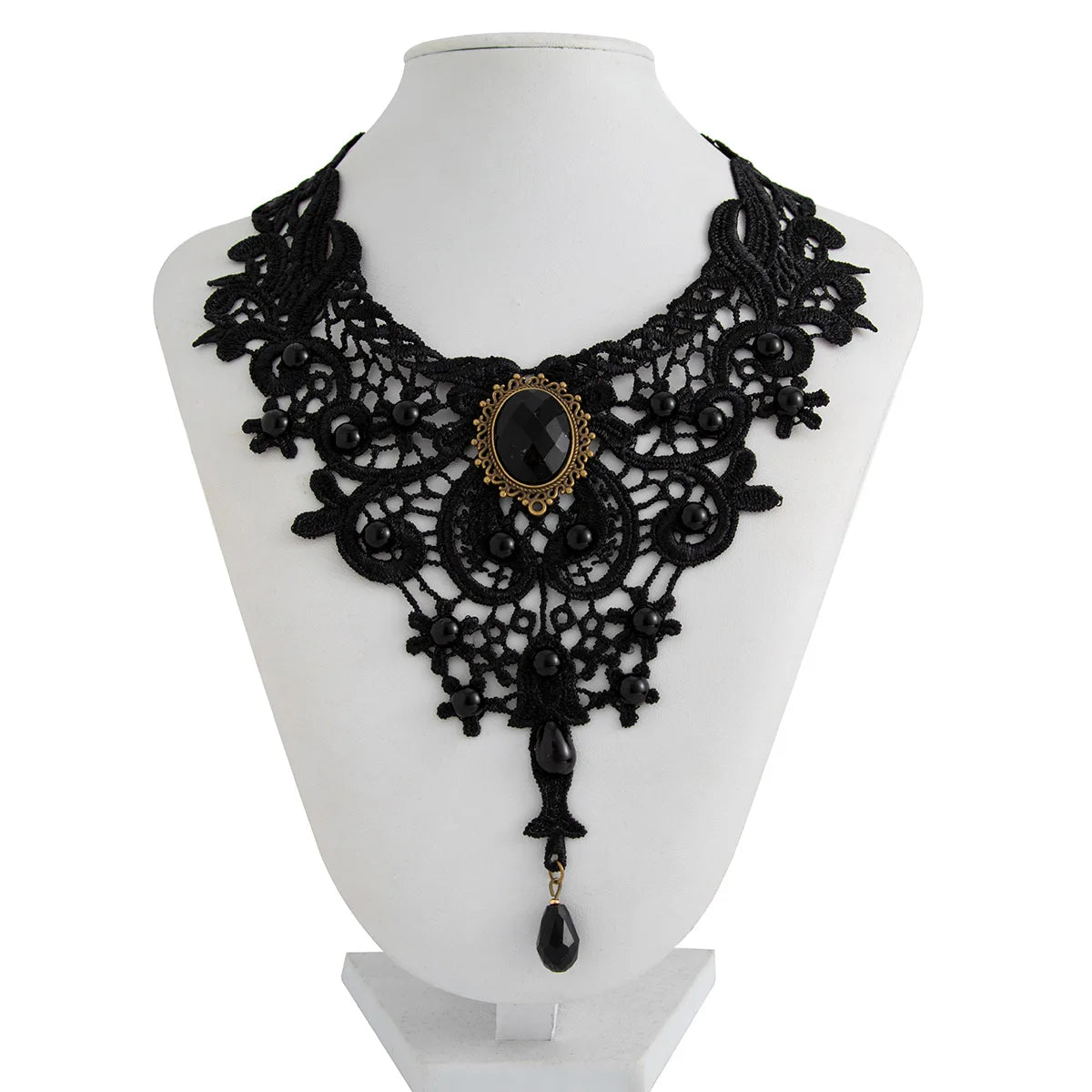 Fashion Vintage Gem Black Lace Bead Necklace