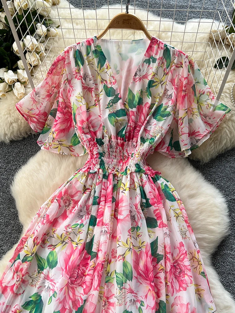 French Style Floral Retro V-neck Ruffle Sleeve High Waisted Chiffon Dress