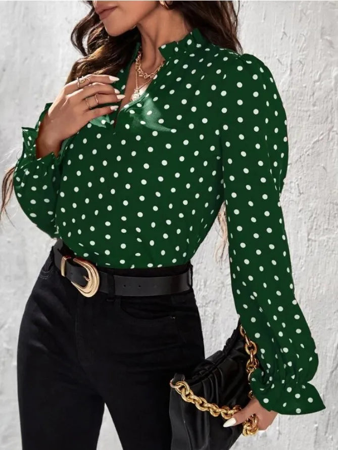 Women's Elegant Professional V-neck Polka Dot Long Sleeved Casual Chiffon Blouse