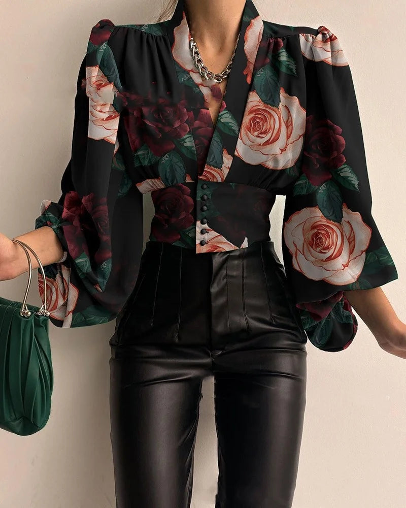 Designer V Neck Slim Fit Cropped Top High Waist Blouse