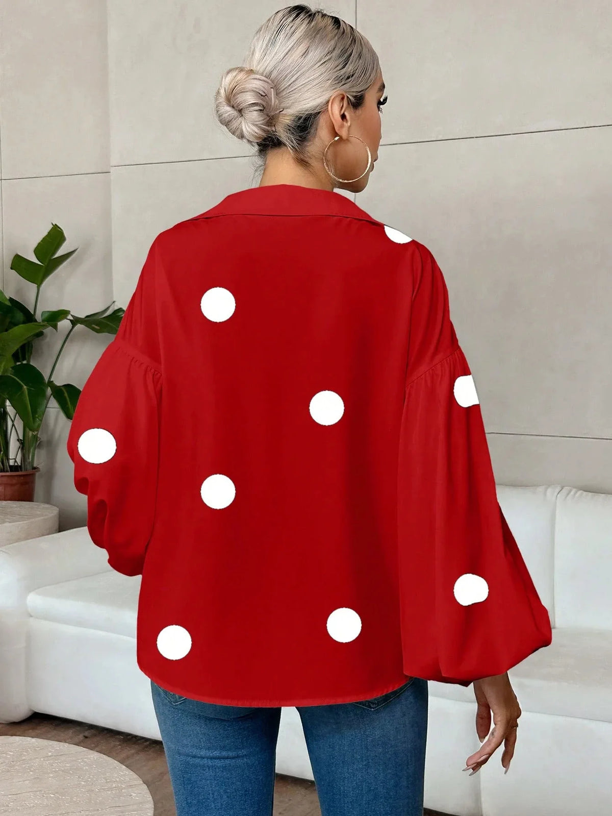 French Polka Dot Print Long Sleeve Casual V-Neck Oversized Blouse