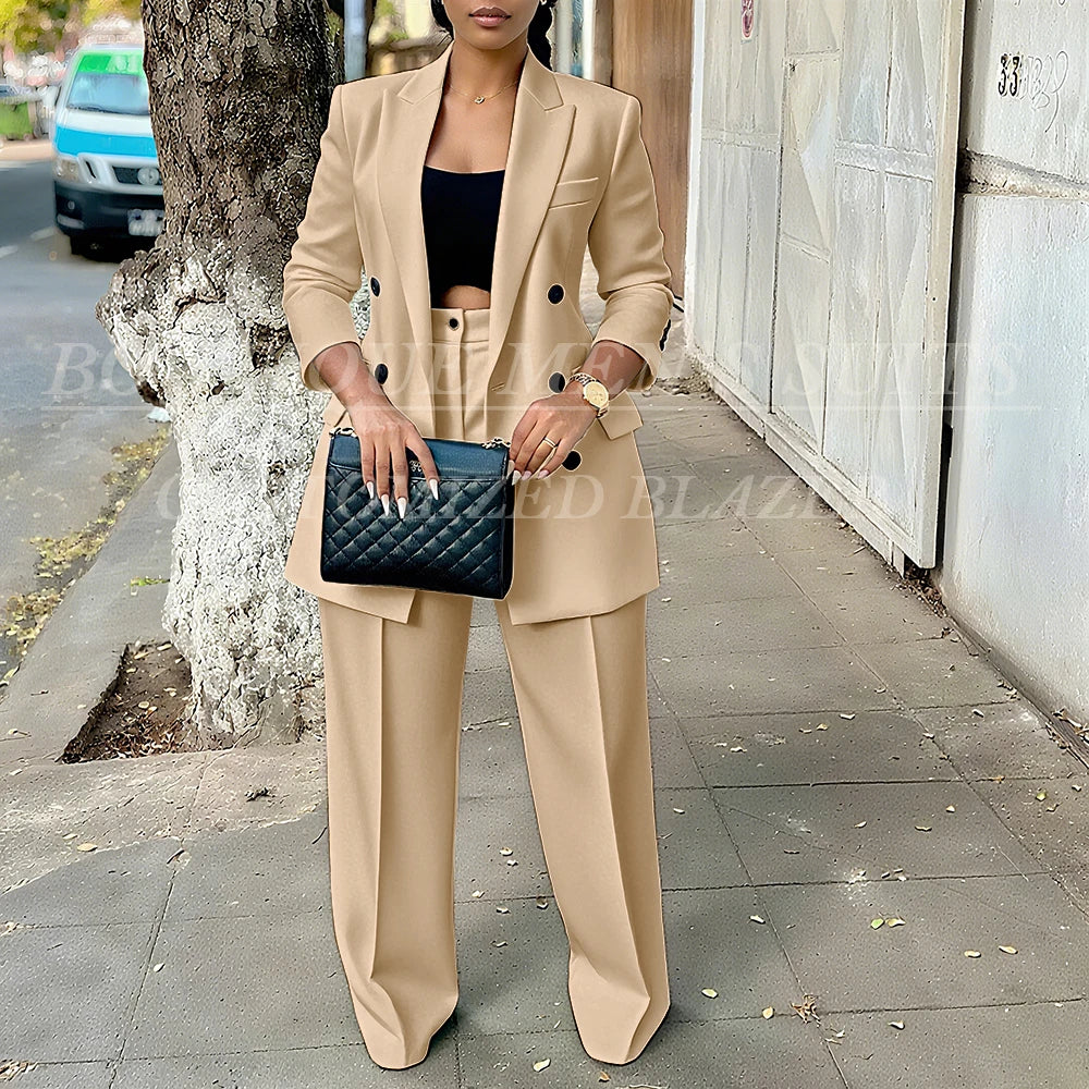 Elegant Women's Double Breasted Peak Lapel Blazer and Pleated Trouser Pants 2pc Suit