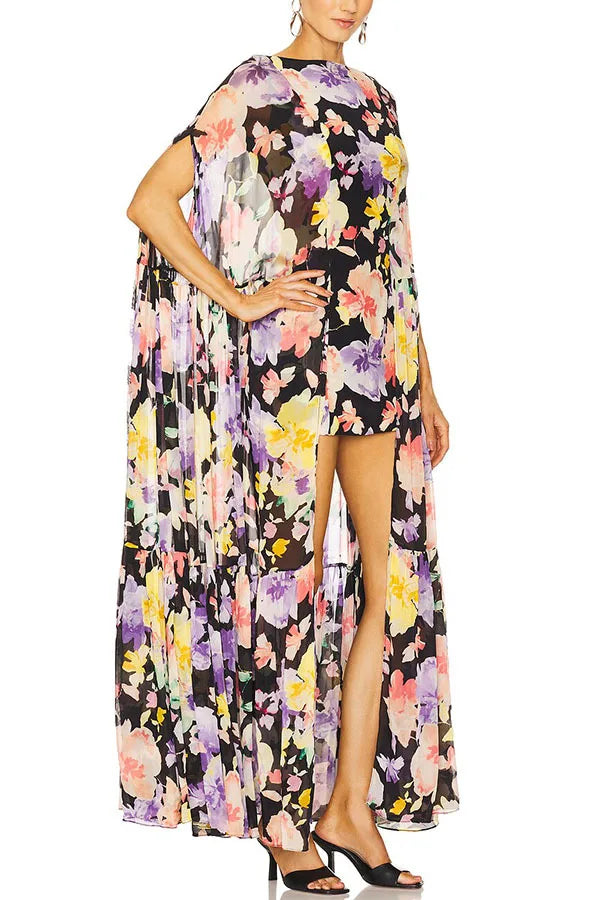 Flower Print Chiffon Big Hem Slim Mini Designer Dress