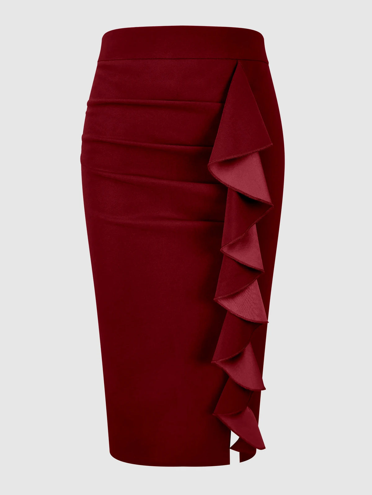 Women's Burgundy Ruffle High Waist Stretch Slim Fit Pencil Midi Skirt, w/ Side Split