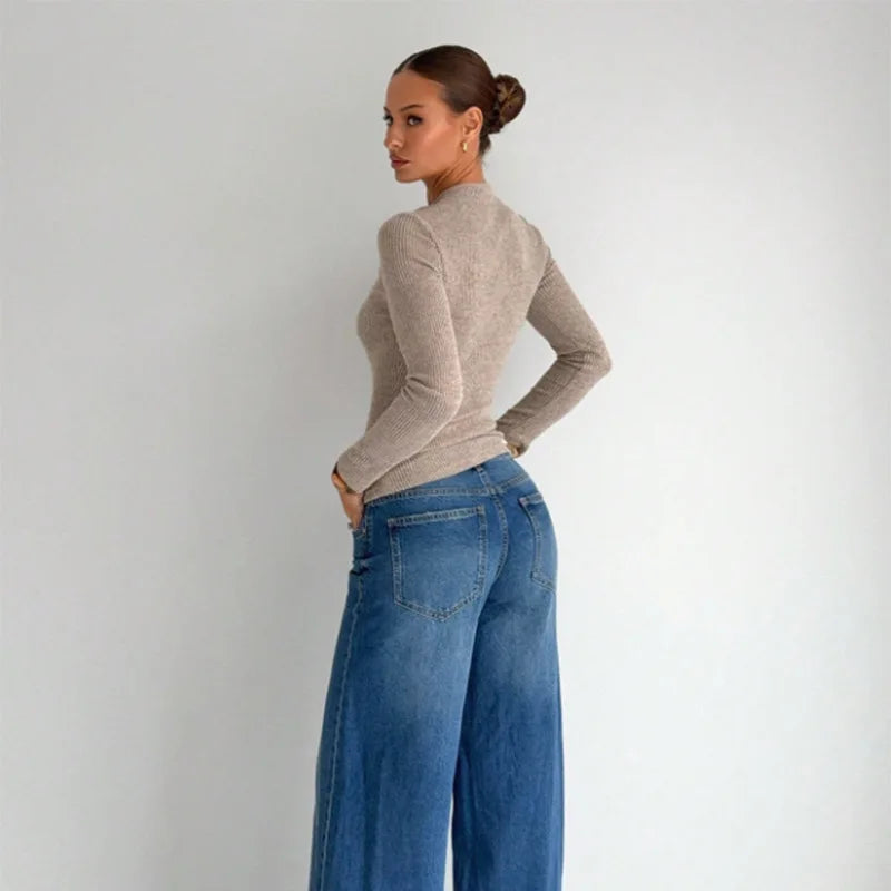 Women's Knitted Solid Color Asymmetric Collar Metal Buckle Long Sleeve Sweater