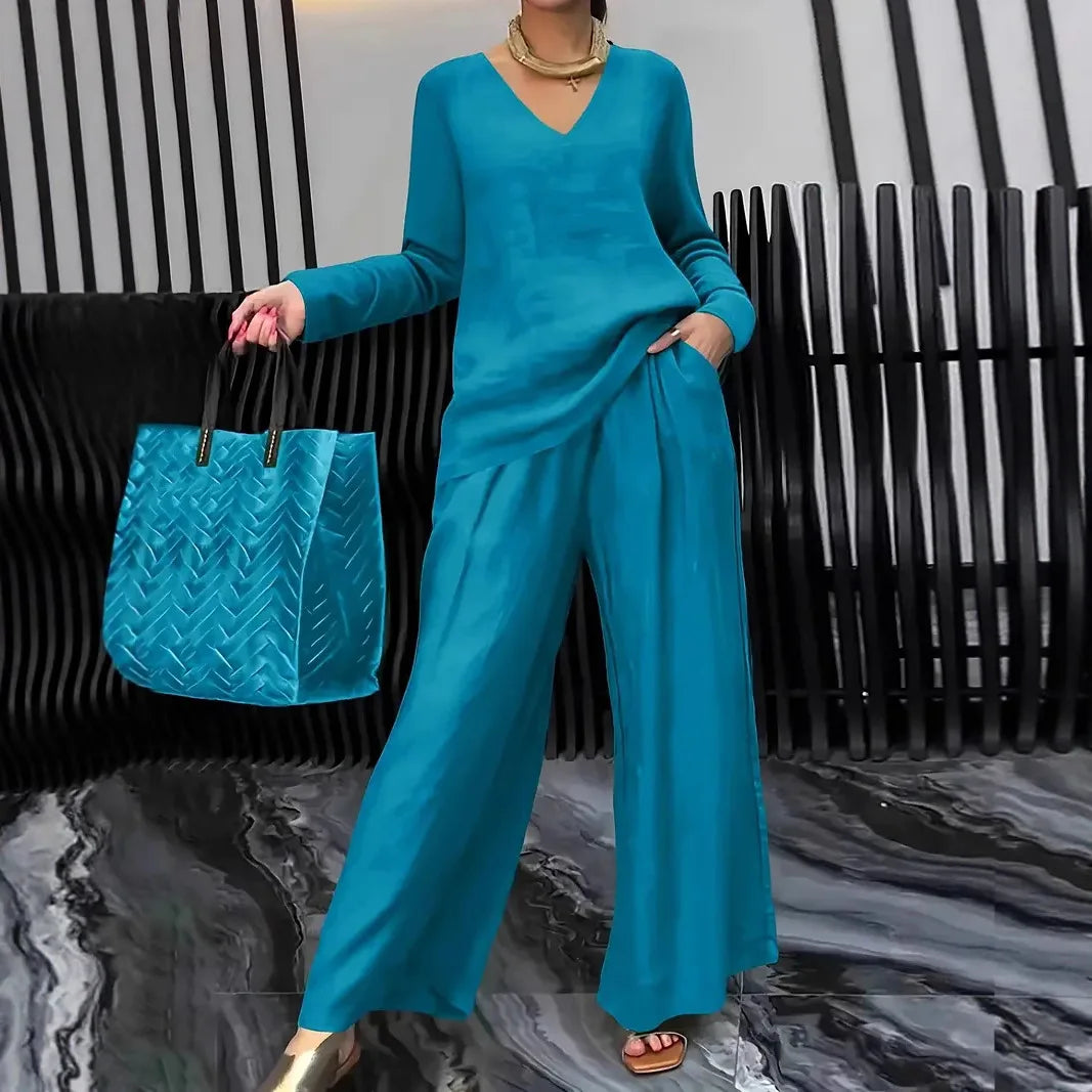 Summer Fashionable V-neck Top+ Long Pants 2 Piece Set