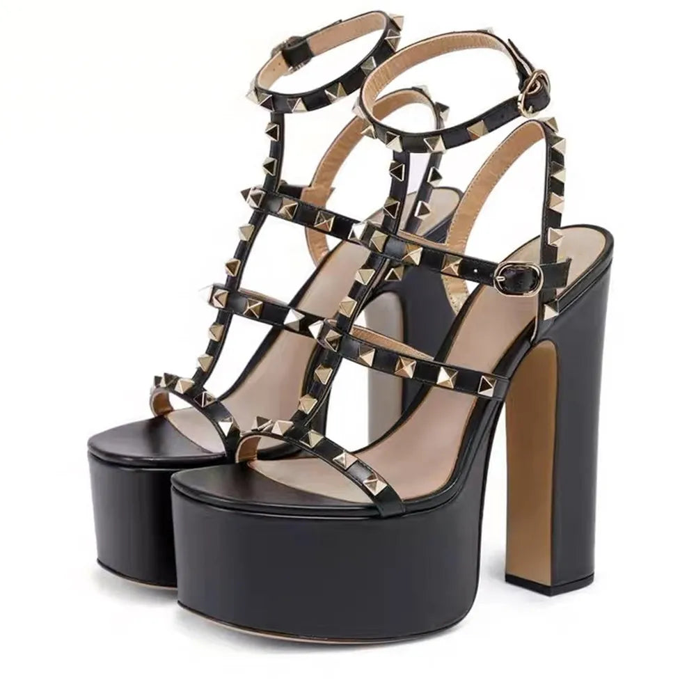 Women's Thick Soled Patent Leather Stage Runway High Heels with Rivets