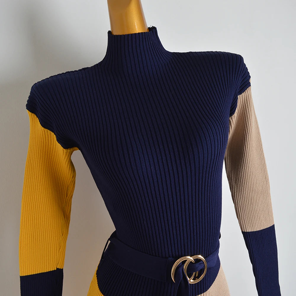 Women's Knitted Color Block Long Sleeve Turtleneck Sweater Dress with Belt