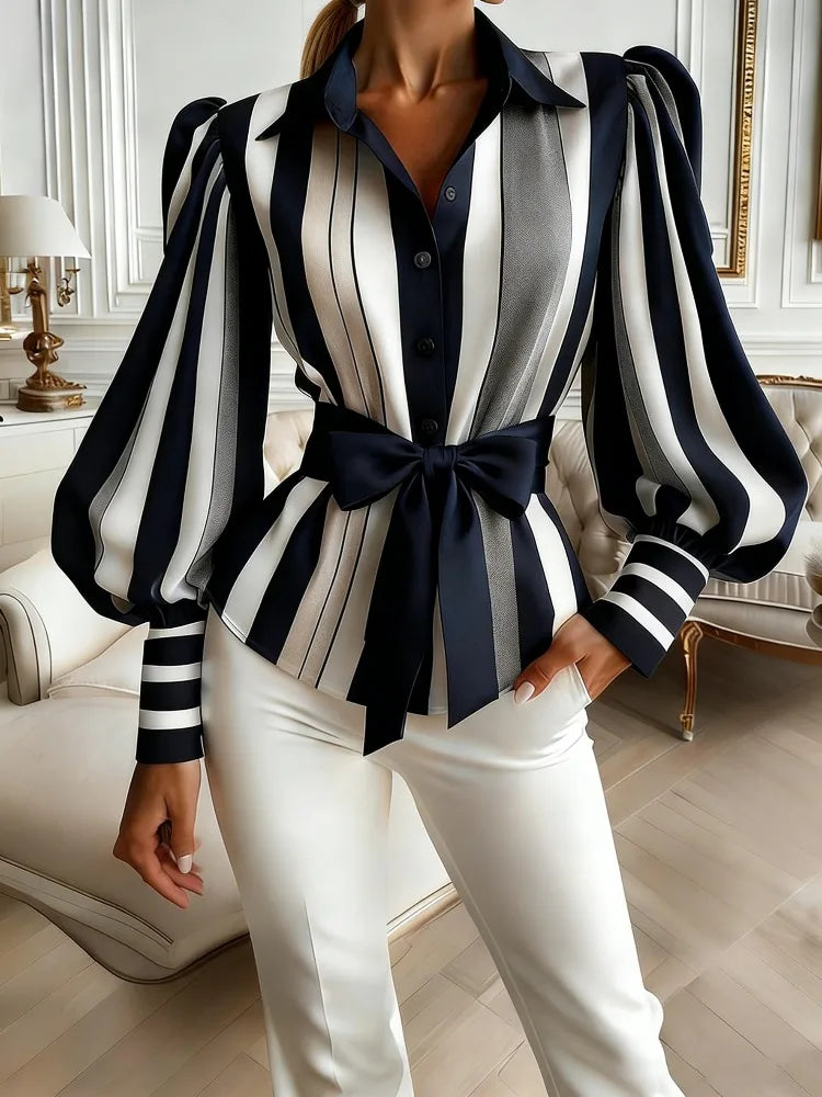 Women's Contrast Color Striped Long Puff Sleeves Belted Blouse