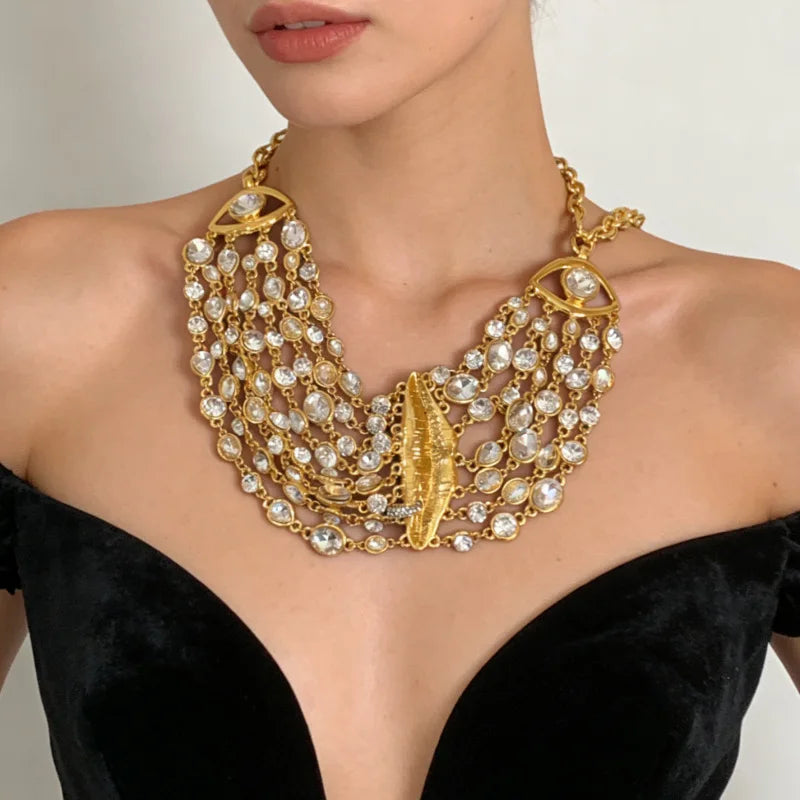 Vintage Multi-Layer Rhinestone Luxury Lip Eye Pendant Choker Necklace