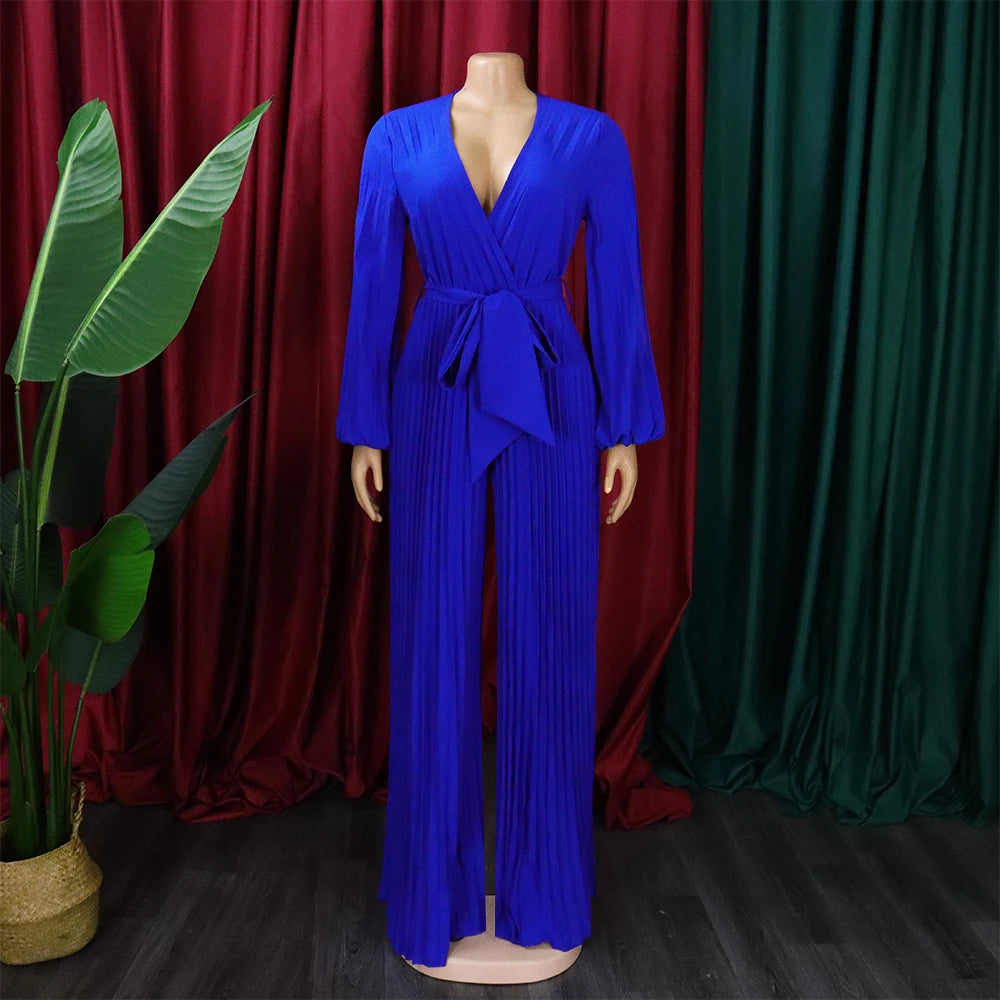 Elegant Pleated Full Sleeve V Neck High Waisted Jumpsuit