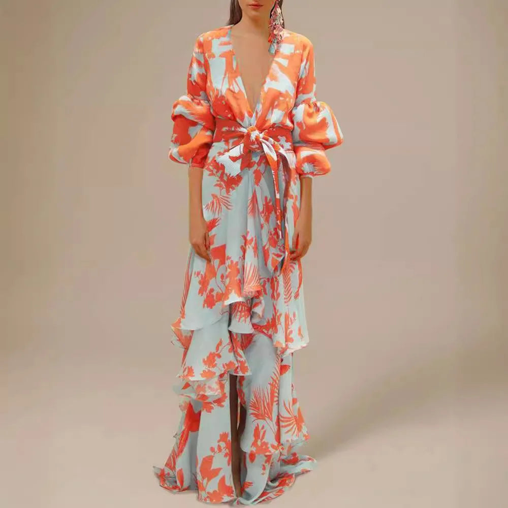 Summer Chiffon Floral Print V-Neck Beach Irregular Bohemian Dress