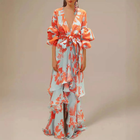 Summer Chiffon Floral Print V-Neck Beach Irregular Bohemian Dress