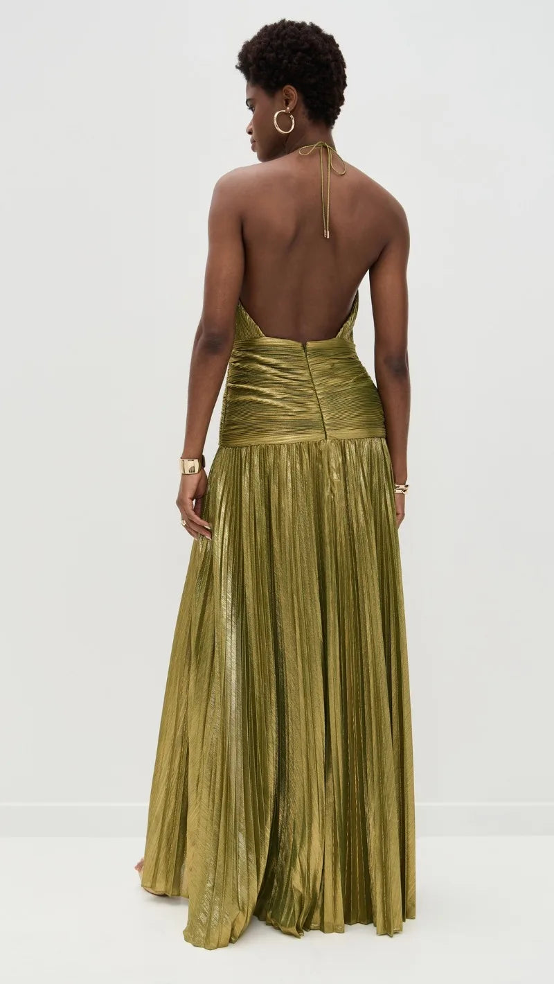 Metallic Gold Off Shoulder Backless Halter Long Dress w/ High Split