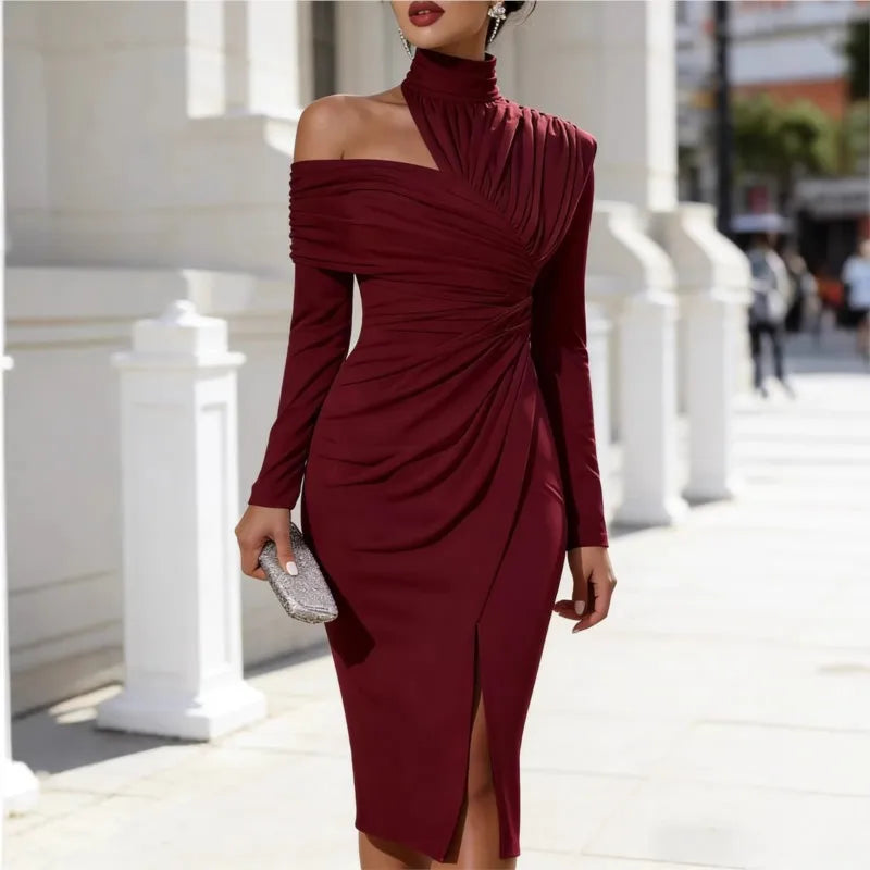 Women's Elegant Off Shoulder High Neck Midi Ruched Dress With Split
