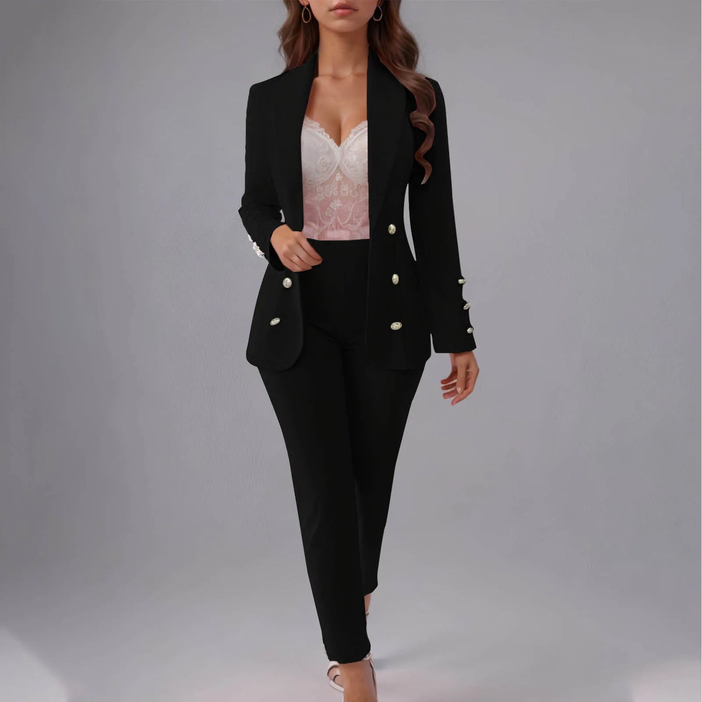 Double Breasted Slim Fit Lapel Suit Jacket & Trousers 2 Piece Set