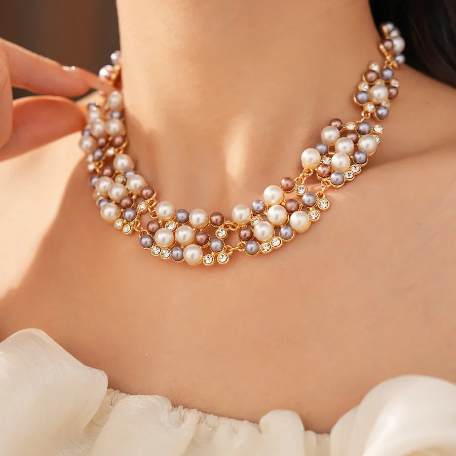 Vintage Pearl Rhinestone Choker Necklace and Earrings Set