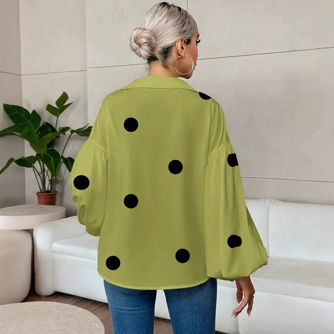 French Polka Dot Print Long Sleeve Casual V-Neck Oversized Blouse