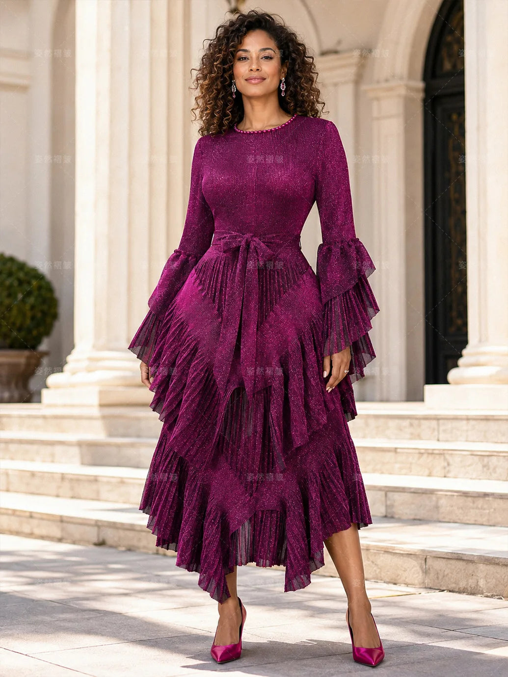 Women Layered Pleated Lace-up Waist-cinching Dress