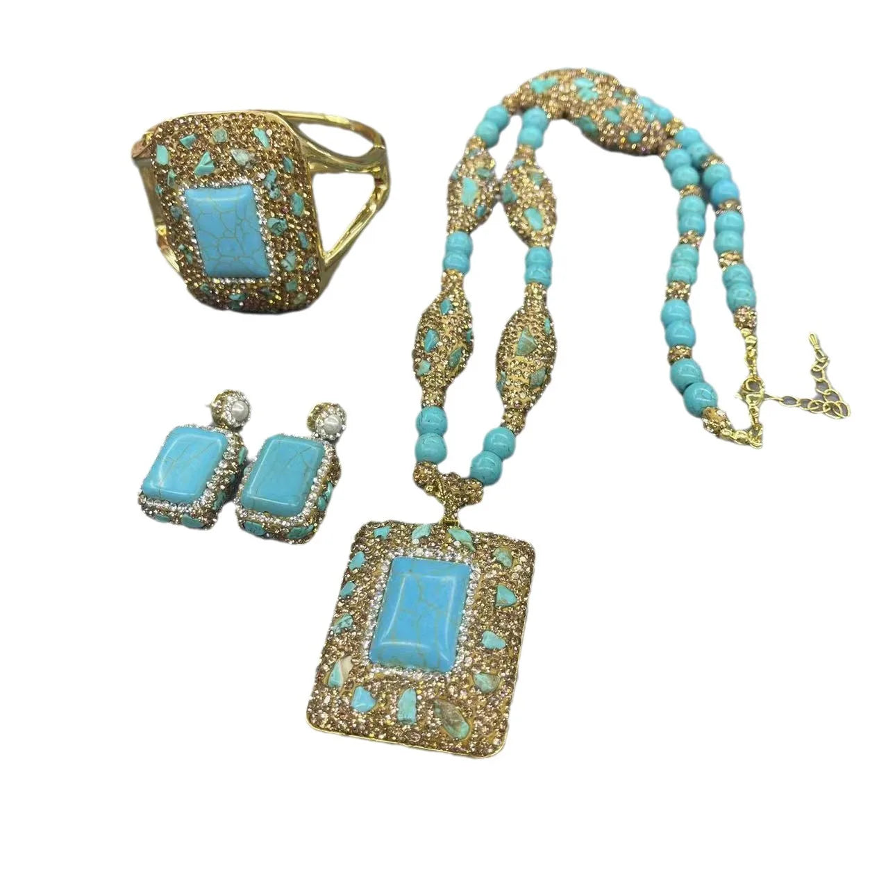 Vintage Turquoise Jewelry Necklace Earrings Ring Bracelet Set for Women