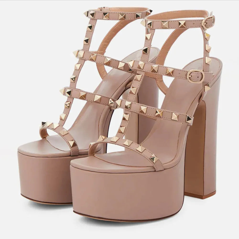 Women's Thick Soled Patent Leather Stage Runway High Heels with Rivets