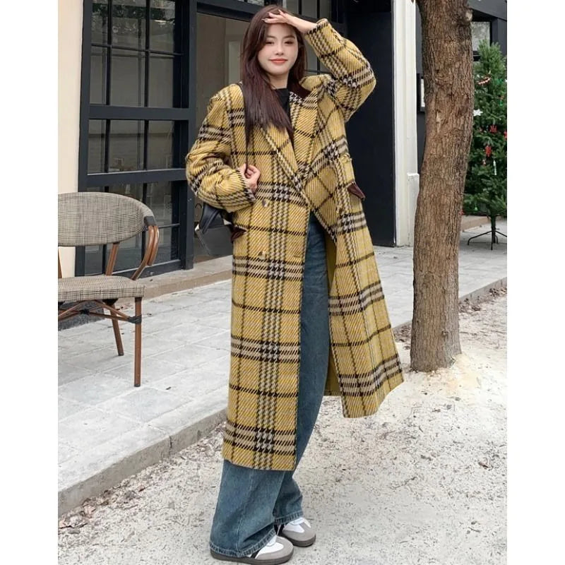 Women's Yellow Plaid Print Thick Long Sleeve Winter Overcoat