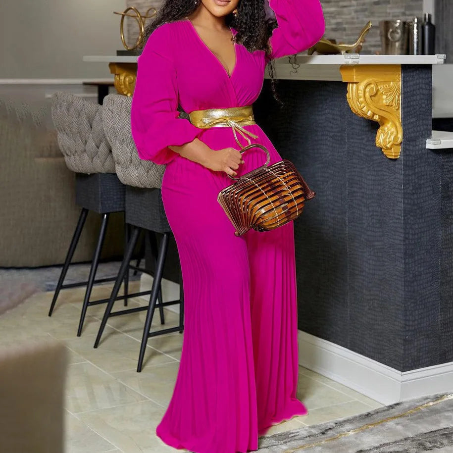 Elegant Pleated Full Sleeve V Neck High Waisted Jumpsuit