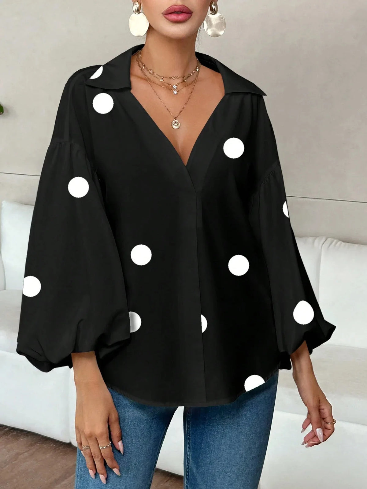 French Polka Dot Print Long Sleeve Casual V-Neck Oversized Blouse