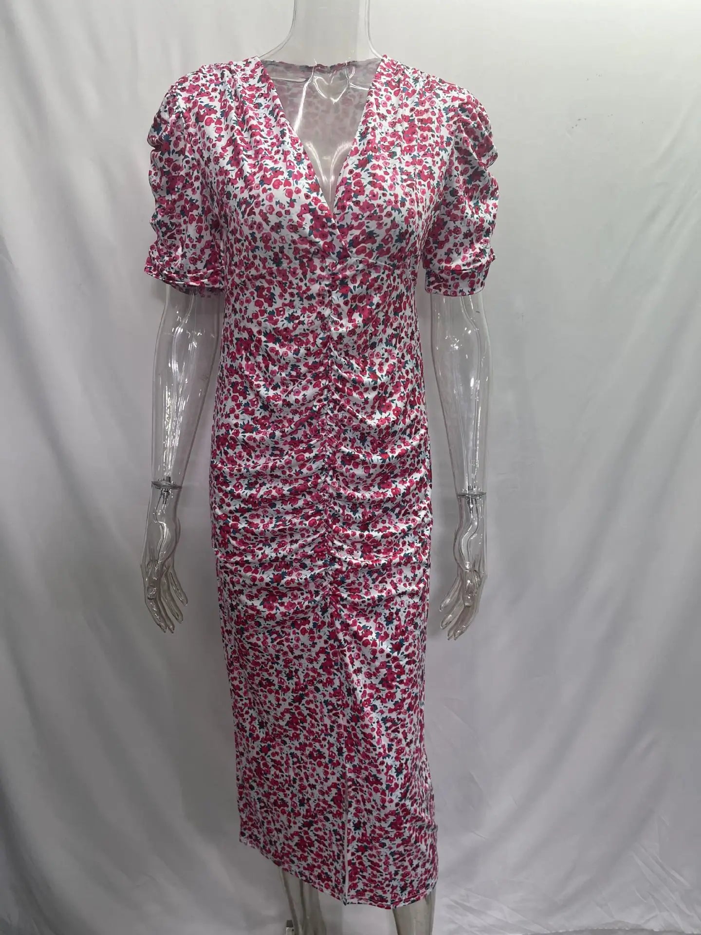 Sexy Summer Floral Print Deep V Neck Short Sleeve Bodycon Dress