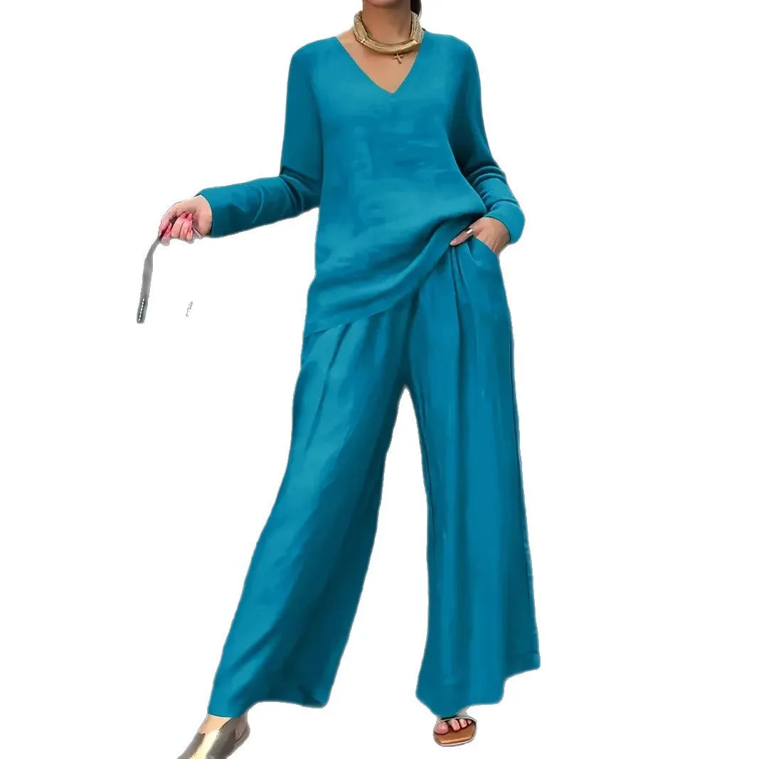 Summer Fashionable V-neck Top+ Long Pants 2 Piece Set