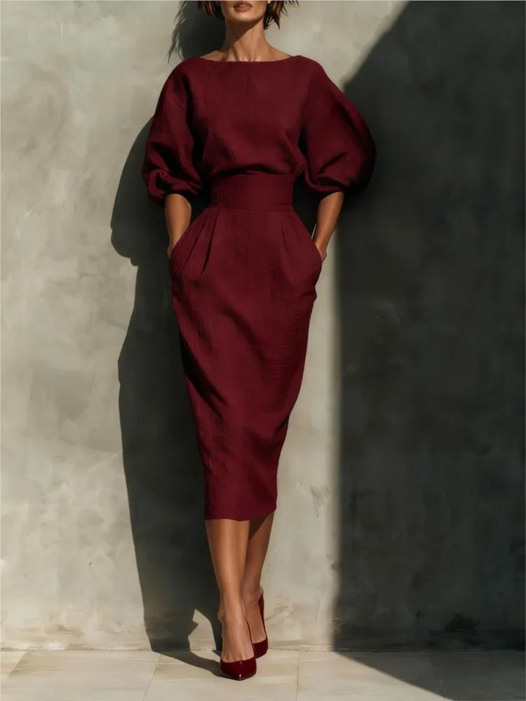 Women O-neck Lantern Sleeve Pocket Midi High Waist Pleated Wrap Hip Dress