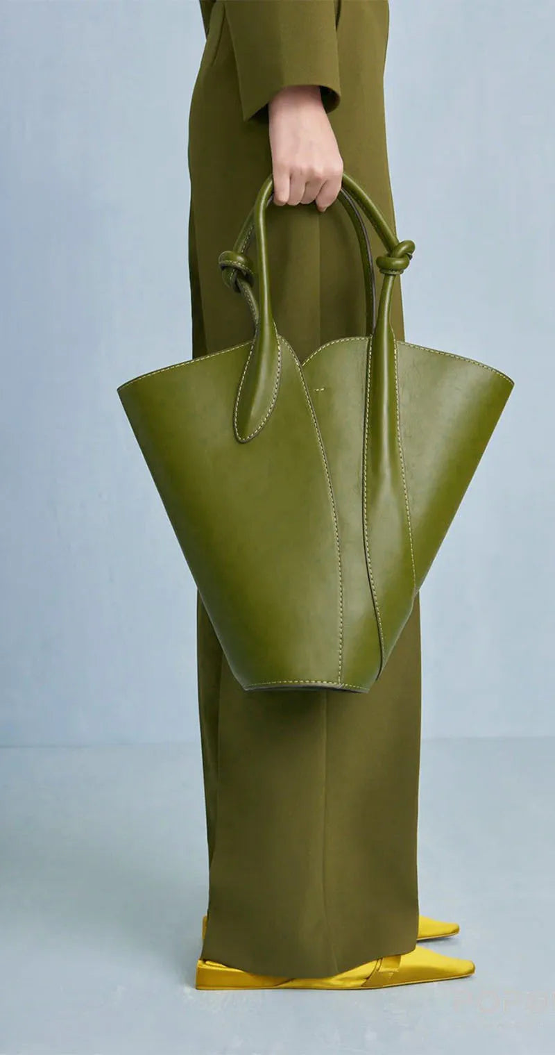 Green Designer Leather Tote Handbag