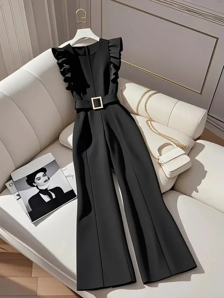 Summer Oversized Luxury Ruffle Sleeveless Elegant Bodysuit Solid with Belt