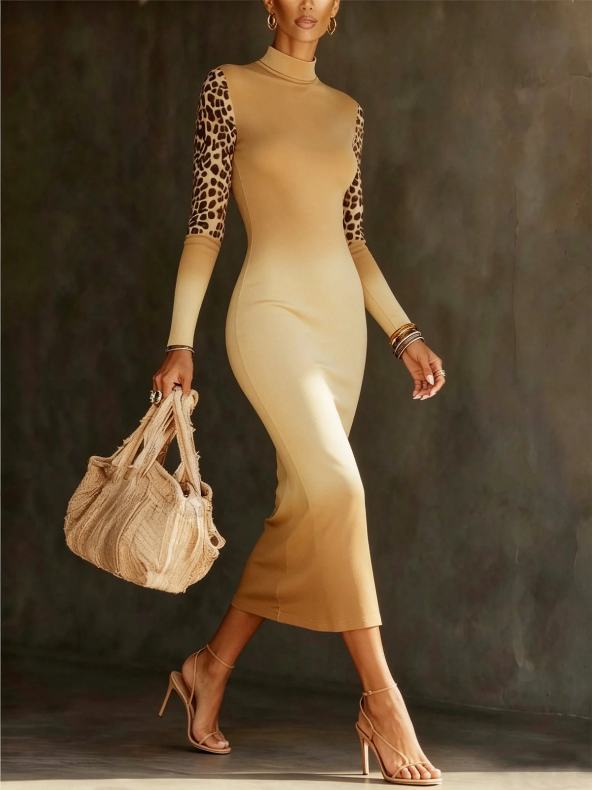 Women Elegant Slim Fit Mid Length Long Sleeve Slimming Waistband Dress